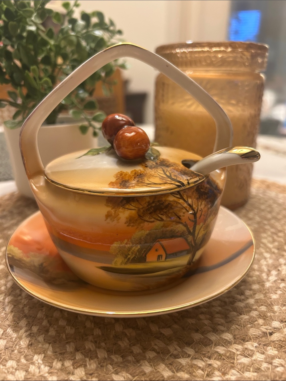 Noritaki Hand-Painted Orange Scenic wSugar Bowl with Spoon and Saucer